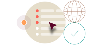 Illustration of a list next to a checkmark and a warning sign